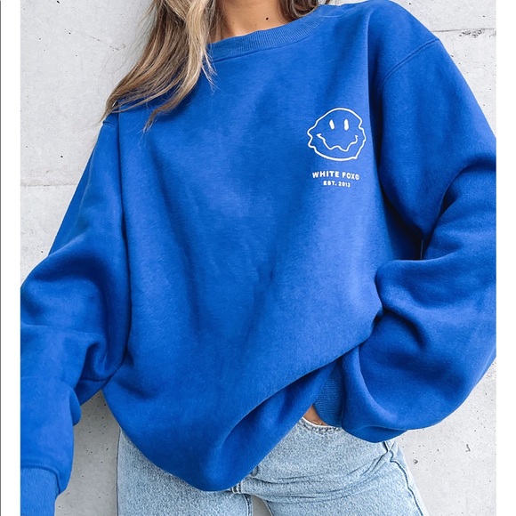 White Fox Boutique Electric Blue Smiley Face Crewneck Sweatshirt - Picture 1 of 7